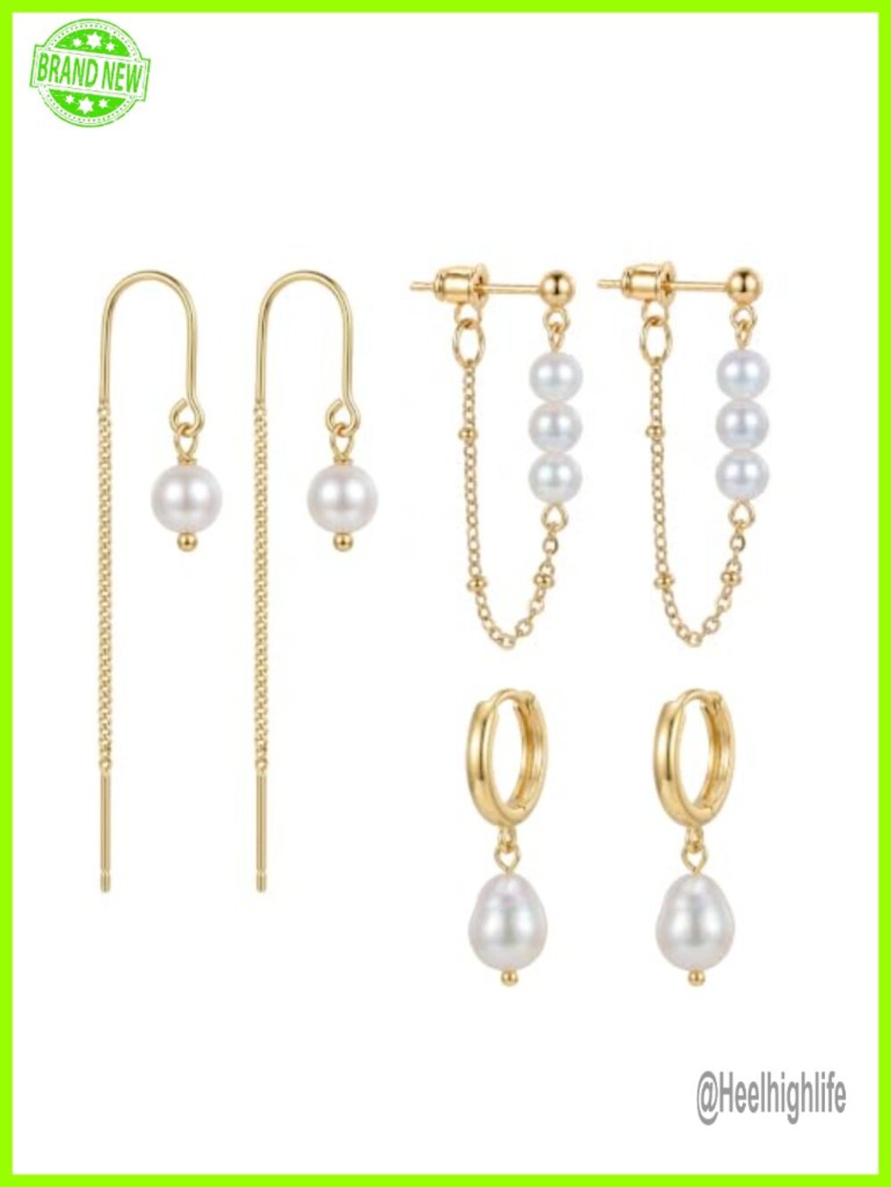 14K Gold Plated Pearl Huggie Hoop Dangle Earrings Stackable Set